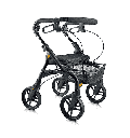 Evolution Piper rollator in black, front three-quarter view with the removable mesh basket
