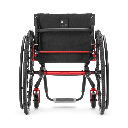 Rear view of the Ethos showing the back upholstery, red camber tube and quick-release rear wheels