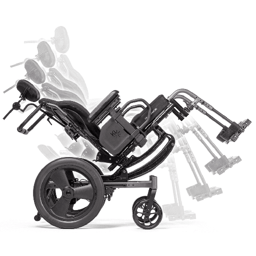 The CR45 tilting from upright to 45 degrees back, faded outlines tracing the seat, back and footrests as they move