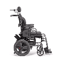 Side view of the CR45 sitting upright, with the curved tilt frames below the seat and the footrest hanger in front