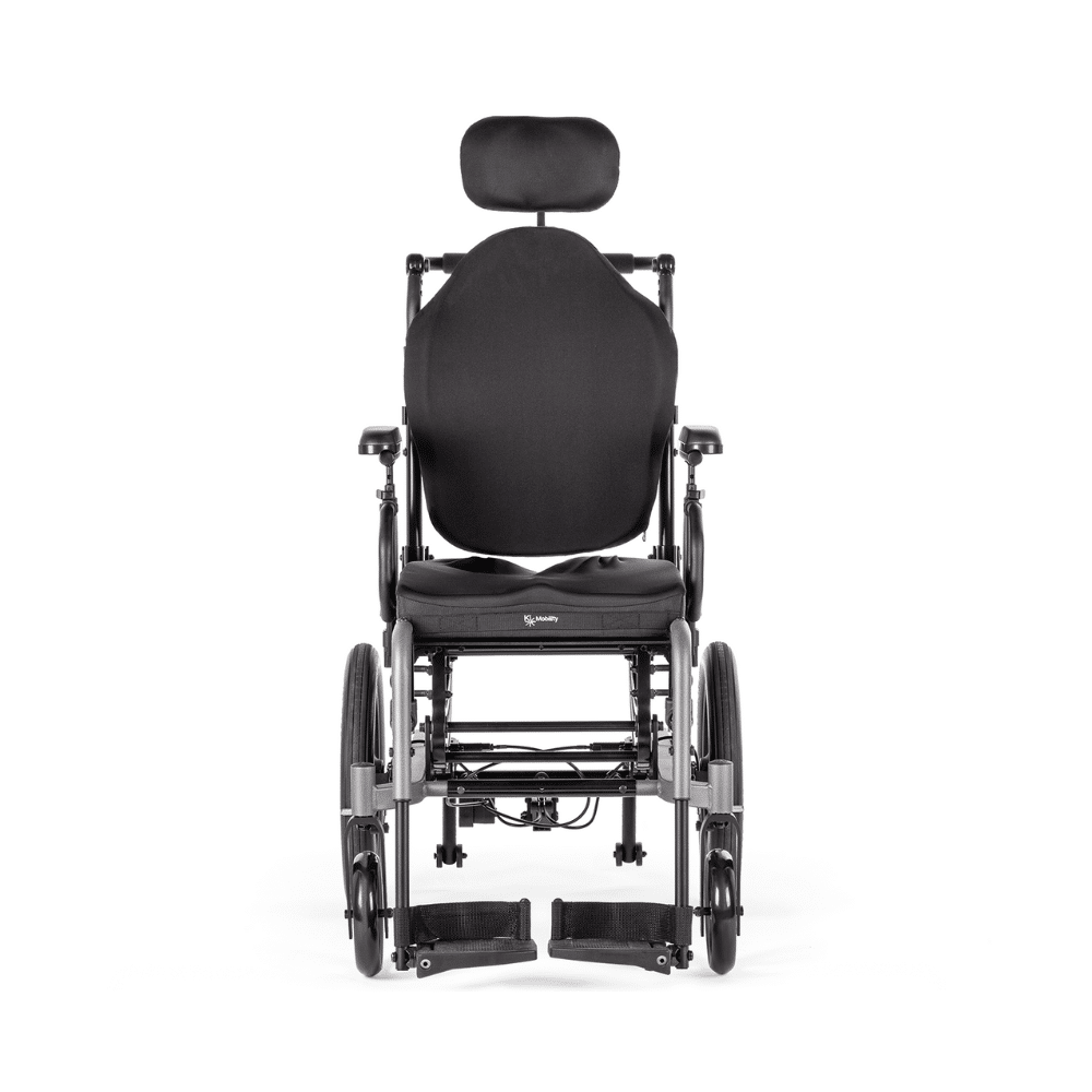 Front view of the CR45 with a headrest, contoured back support and seat cushion fitted, footplates down