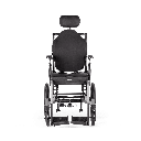 Front view of the CR45 with a headrest, contoured back support and seat cushion fitted, footplates down