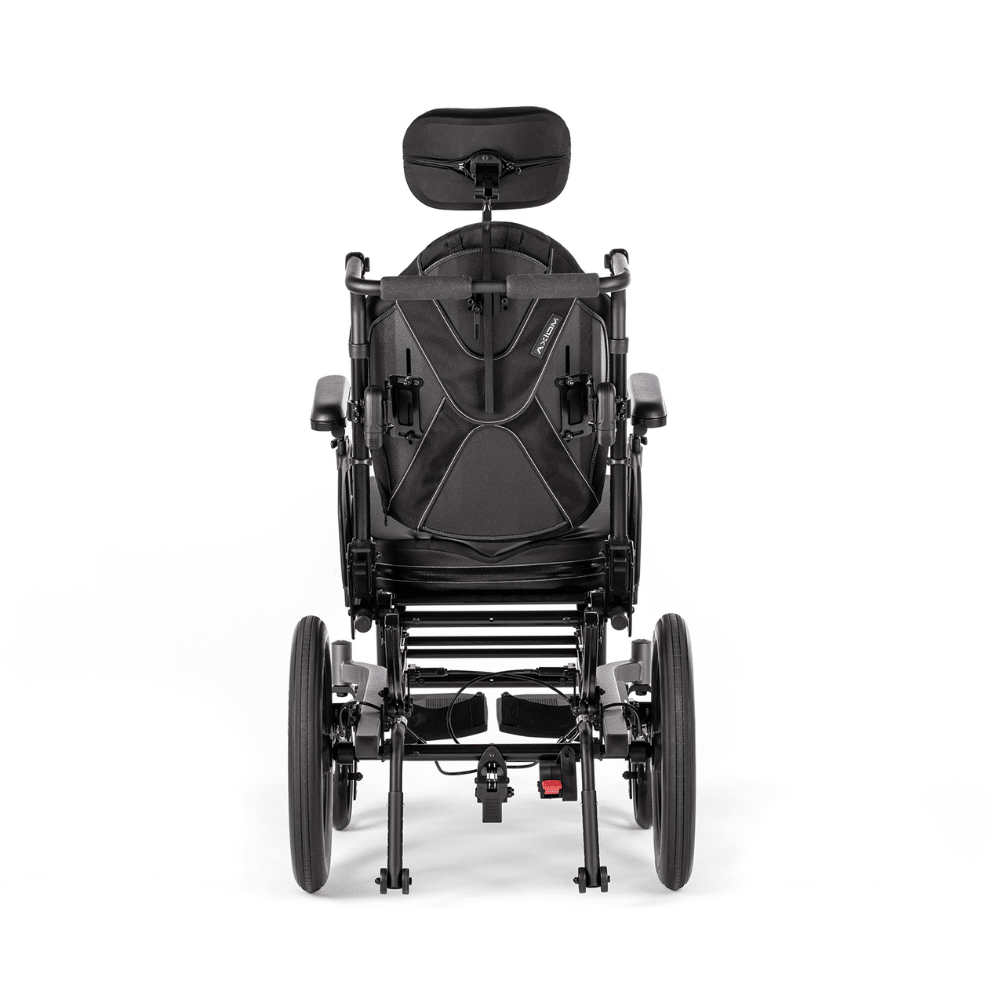 Rear view of the CR45 showing the push handle bar, the headrest mount and the back support's mounting brackets