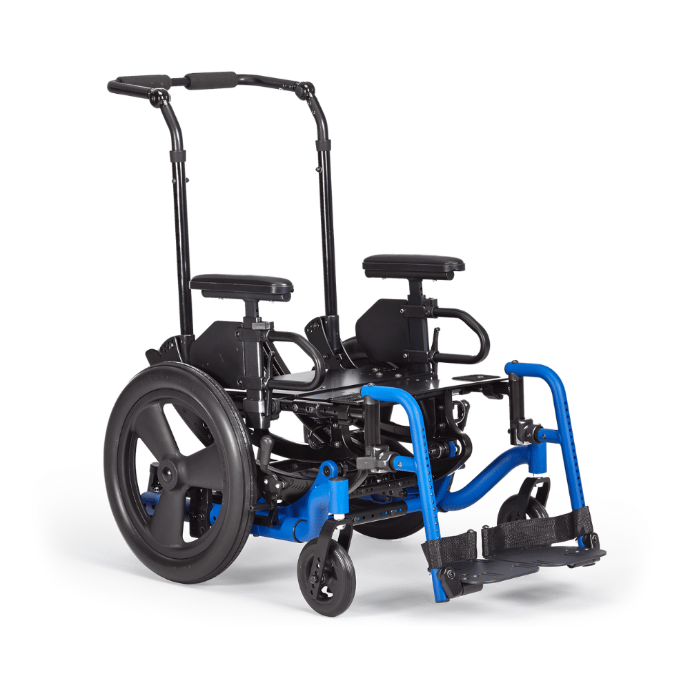 Focus CR tilt wheelchair in blue, front three-quarter view, shown without a cushion or back