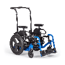 Focus CR tilt wheelchair in blue, front three-quarter view, shown without a cushion or back