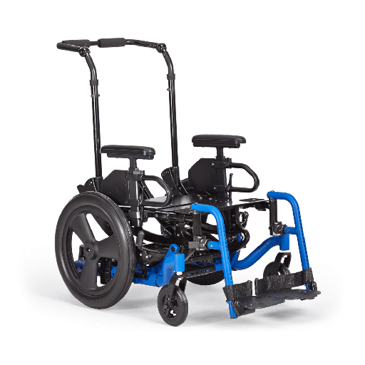 Focus CR tilt wheelchair in blue, front three-quarter view, shown without a cushion or back