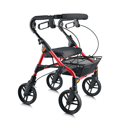 Evolution Piper rollator in red, front three-quarter view showing the eight inch polyurethane wheels