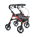 Evolution Piper rollator in red, front three-quarter view showing the eight inch polyurethane wheels