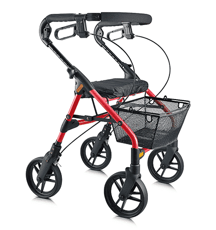 Evolution Piper rollator in red, front three-quarter view with the mesh basket and seat