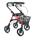 Evolution Piper rollator in red, front three-quarter view with the mesh basket and seat