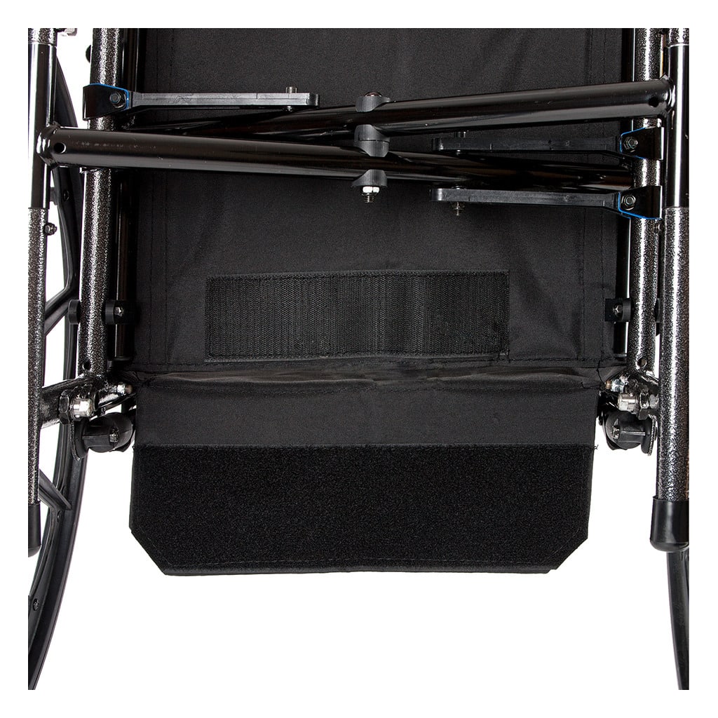View under the seat showing the folding cross brace and the hook-and-loop flap of the seat upholstery