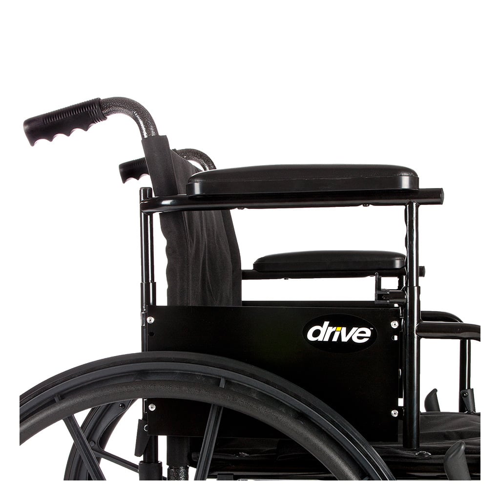 Armrest raised on its height adjustment above the black side panel, seen from the side