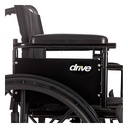 Padded armrest and side panel beside the rear wheel and hand rim, side view