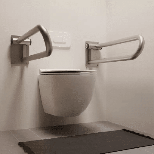 Two brushed stainless rails beside a wall-hung toilet, one folded up and one down