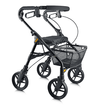 Evolution Piper rollator in black, front three-quarter view showing the wheels and basket