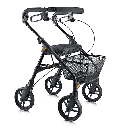 Evolution Piper rollator in black, front three-quarter view showing the wheels and basket