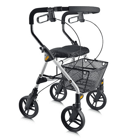 Evolution Piper rollator in red, front three-quarter view with the seat and handlebar