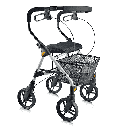 Evolution Piper rollator in red, front three-quarter view with the seat and handlebar