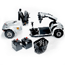 Leo taken apart into its pieces: seat, front section with tiller, rear drive section and two batteries