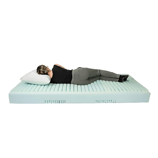 Person lying on the uncovered Viva foam, side view, segmented top and side vents
