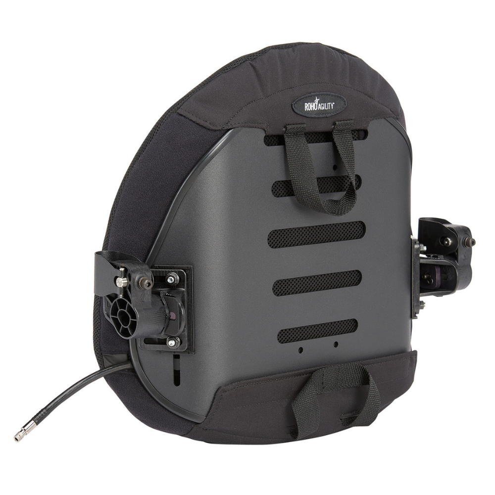 Rear view of the ROHO Agility Max Contour Back showing its shell, air hose and mounting hardware