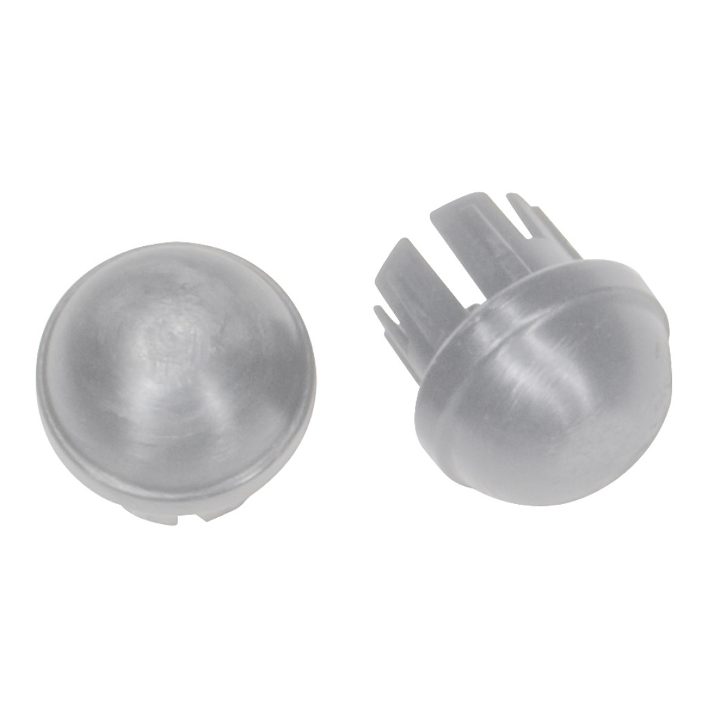 The two grey rear glide caps for the Drive deluxe folding walker, one turned to show its stem