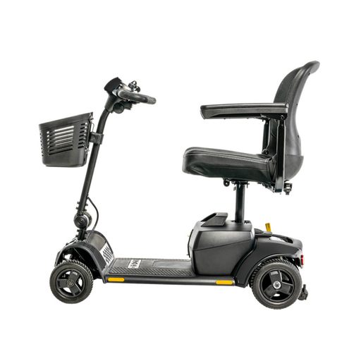 Elite Traveller 2 seen from the left side in black, with the front basket on the tiller