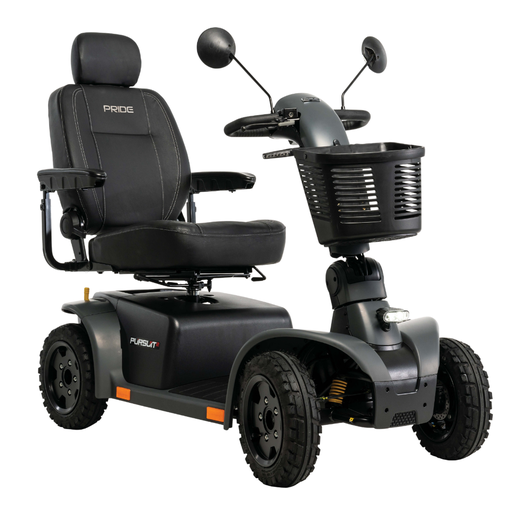 Pursuit 2 in Grey satin, front three-quarter view with the high-back seat and two mirrors
