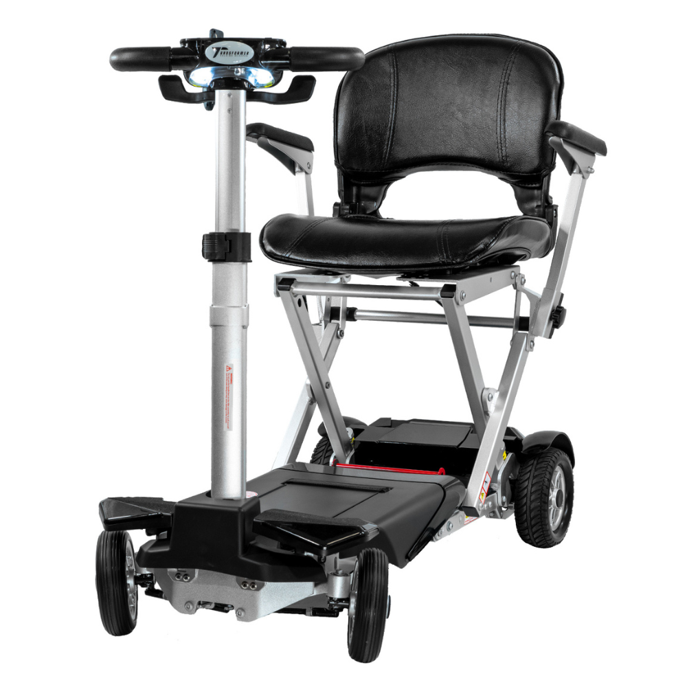 Black version seen head-on, showing the telescoping tiller, floorboard and front wheels