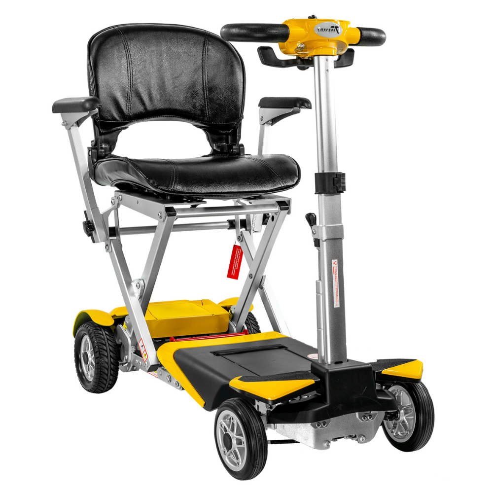 Yellow scooter from the front right, showing the folding aluminum frame under the seat