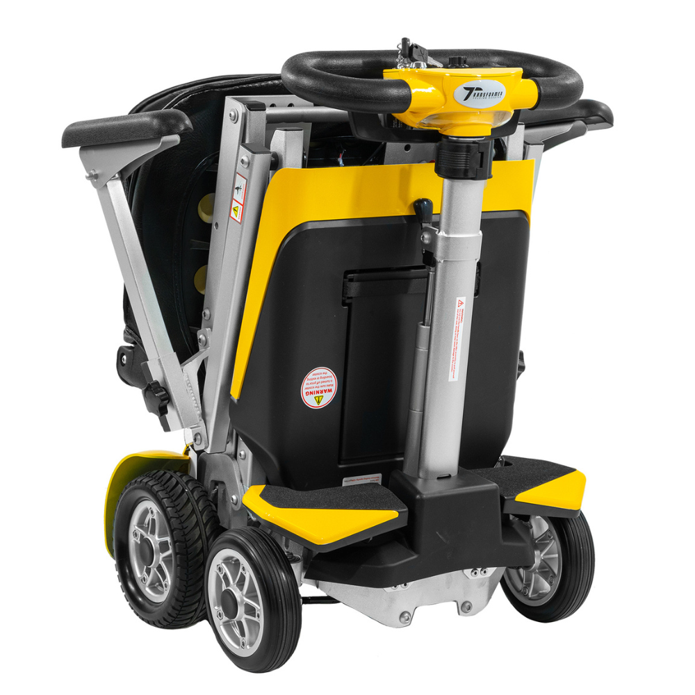 Folded Transformer 2 in Yellow standing on its wheels, seen from the front