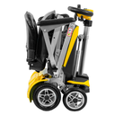 Side view of the folded scooter in Yellow, about 25 inches high