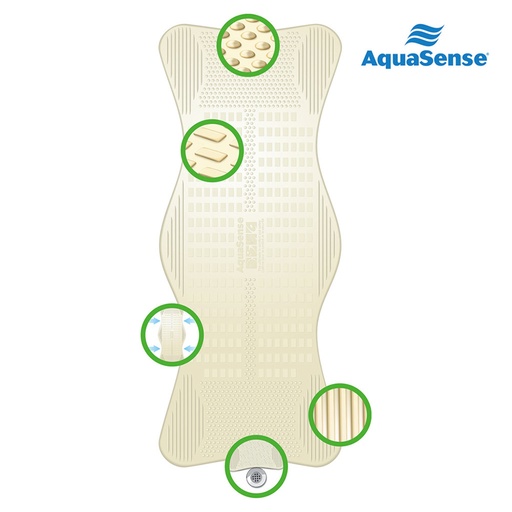 Off-white AquaSense mat with raised bumps, ridges, and a contoured end by the drain