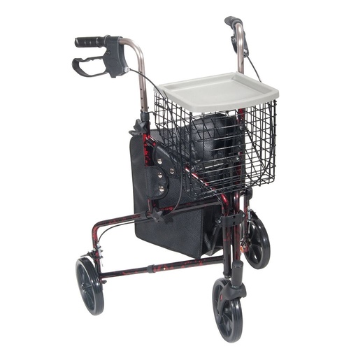 Drive Deluxe 3 Wheel Rollator in Flame Red with its tray, wire basket and pouch
