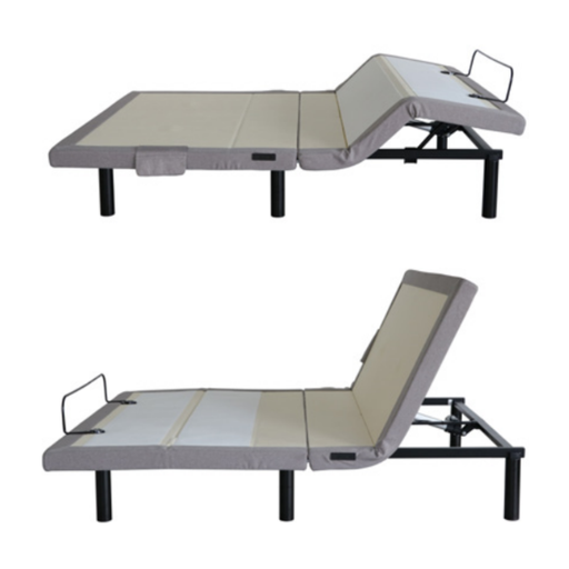 Two side views of the adjustable base, foot section raised, on black legs