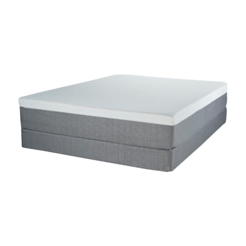 White-topped foam mattress on a grey fabric foundation, front three-quarter view
