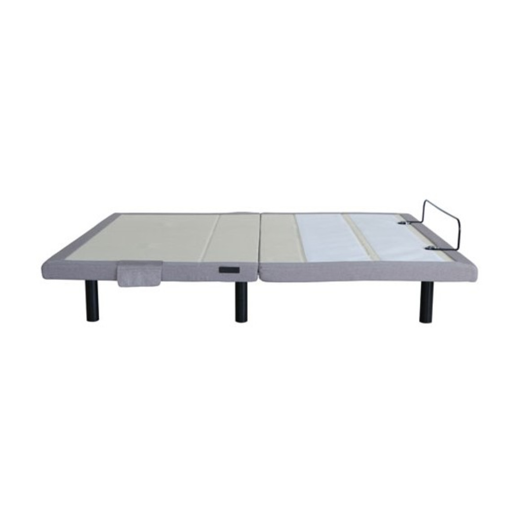 Side view of the grey fabric base lying flat on black legs