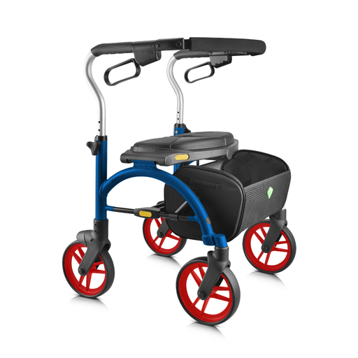 Evolution Xpresso Tacoma rollator in blue with red wheels, seat, basket and cable-free brakes