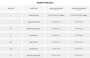 Power Plus pad chart listing inside and outside width, height and thickness of the seven Relax head pads