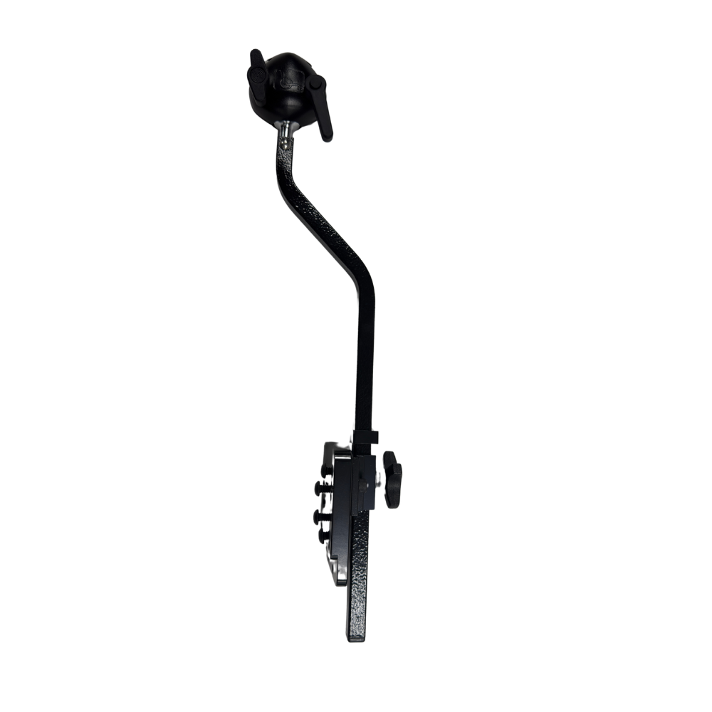 S-bend neck and lever clamp of the Relax headrest in its UHRA mounting plate, shown without the pad