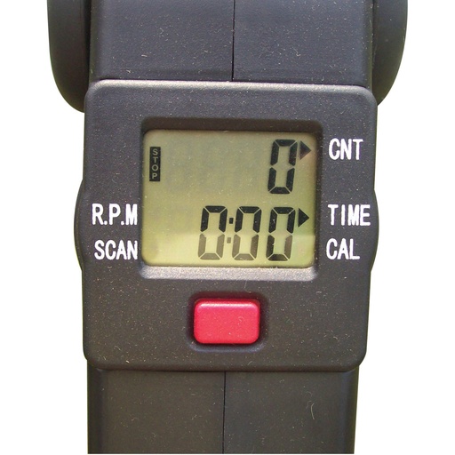 Close-up of the five-function display with its labels and the red Mode button