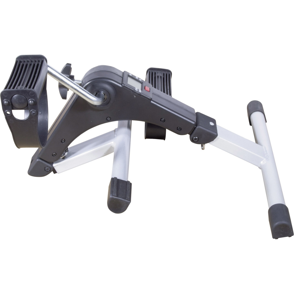 Exercise peddler partly folded, with one leg folded under the body and the other still open