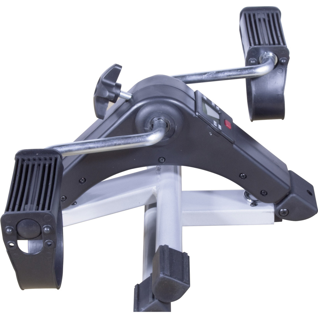 Exercise peddler with both legs folded, showing the tension knob, display and pedals