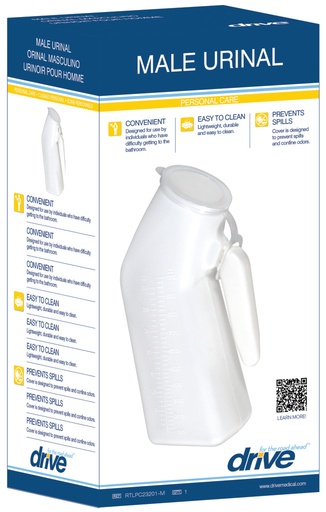 Retail box for the urinal, labelled Male Urinal in English, Spanish and French