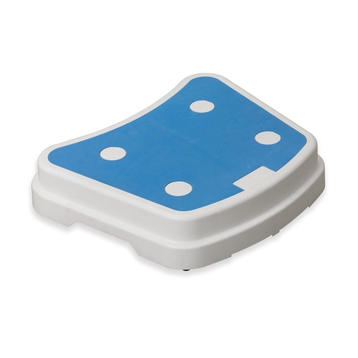 White and blue bath step on a bathroom floor, with a shower stool behind it