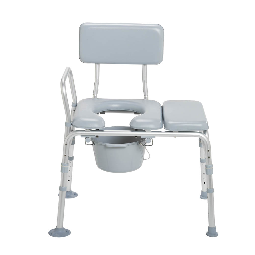 Padded commode transfer bench with the seat opening and the pail underneath