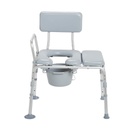 Padded commode transfer bench with the seat opening and the pail underneath