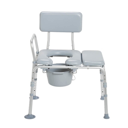 Padded commode transfer bench with the seat opening and the pail underneath
