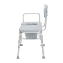 Padded commode transfer bench with the seat opening and the pail underneath
