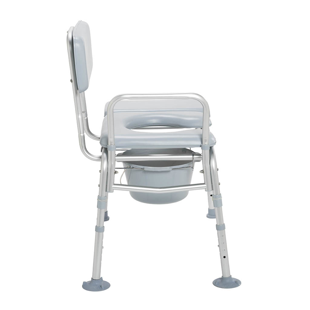Padded commode transfer bench with the seat opening and the pail underneath